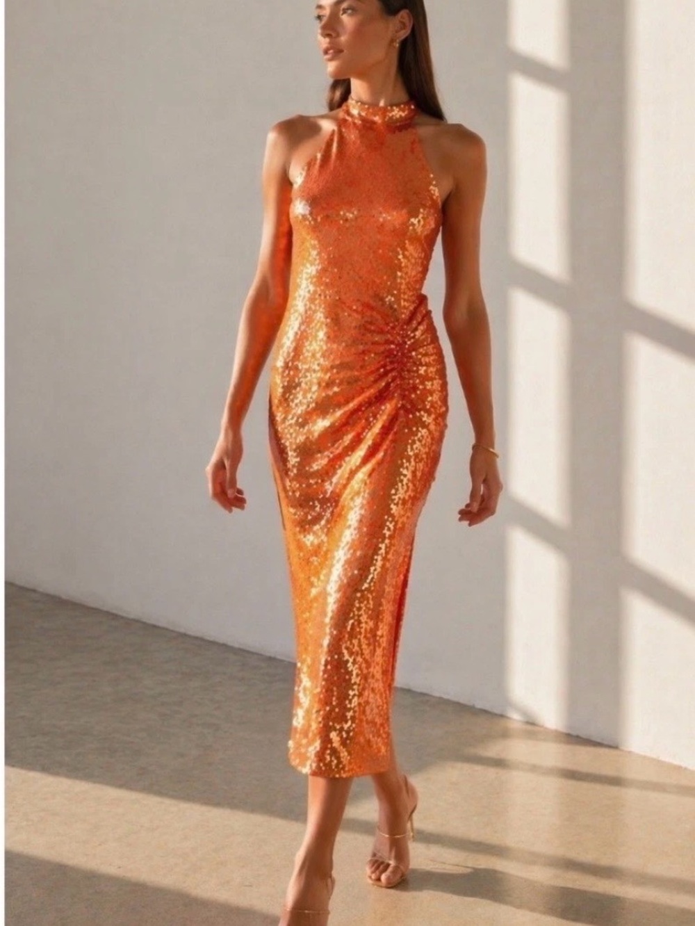 Caroline Constas Orange Sequin Halter Open Back Midi Dress Size Medium